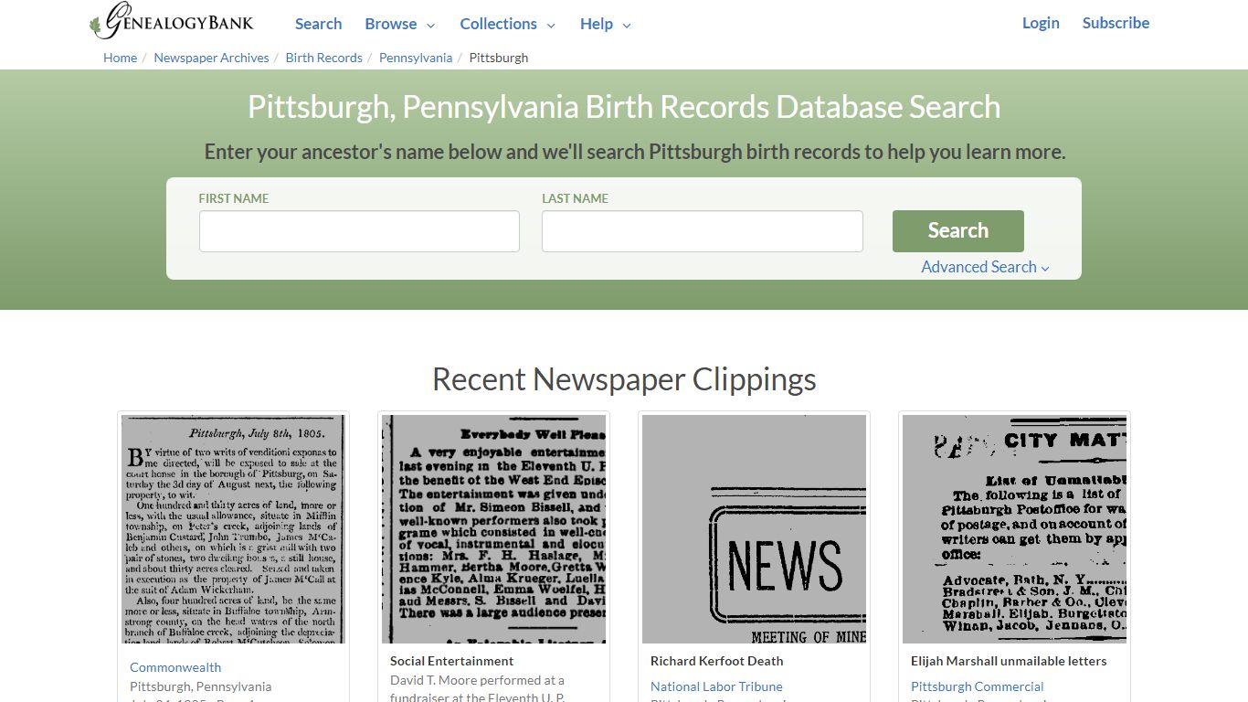 Birth Records for Pittsburgh, Pennsylvania | GenealogyBank